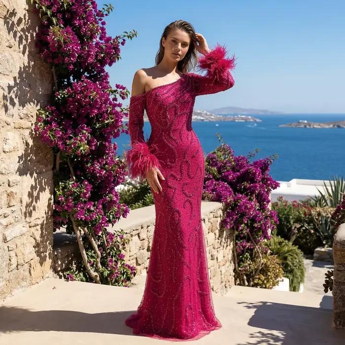 Robe de soirée sirène élégante fuchsia à une épaule