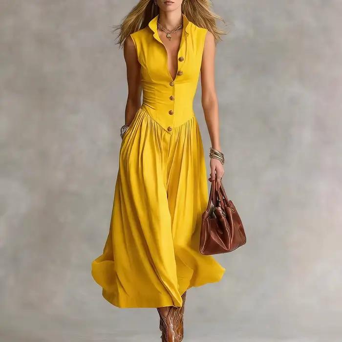 Robe longue plissée décontractée à col rabattu et boutons pour femme