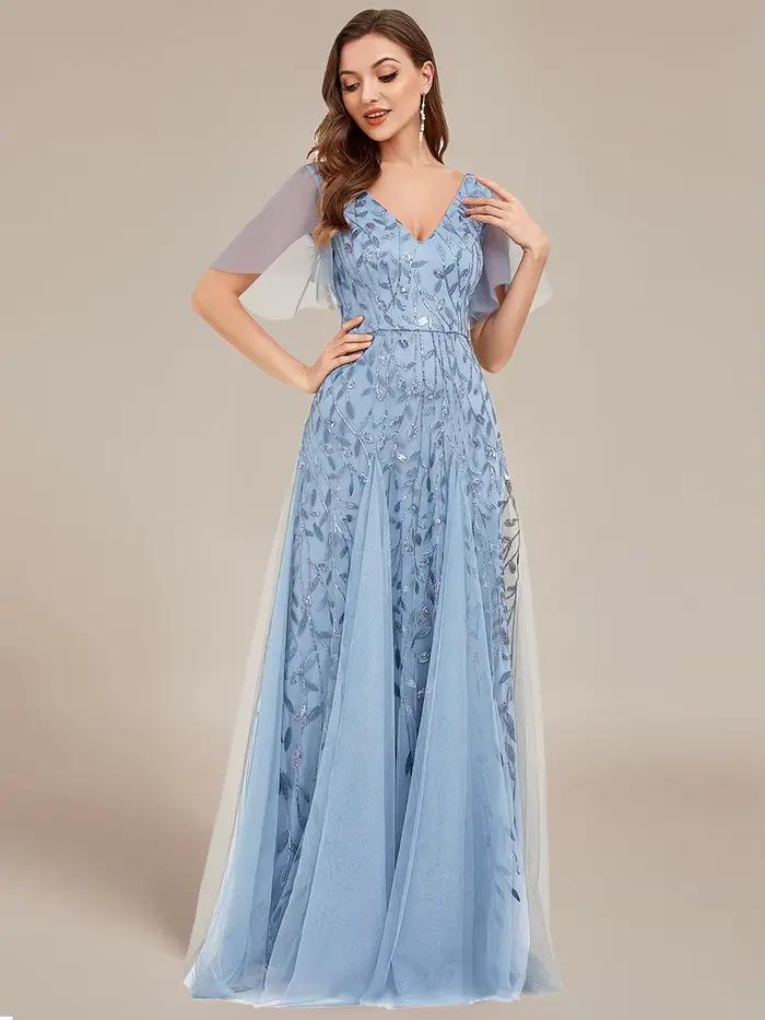 Robe de soirée élégante col en V profond manches à volants demoiselle d'honneur occassions spéciales soirée officielle