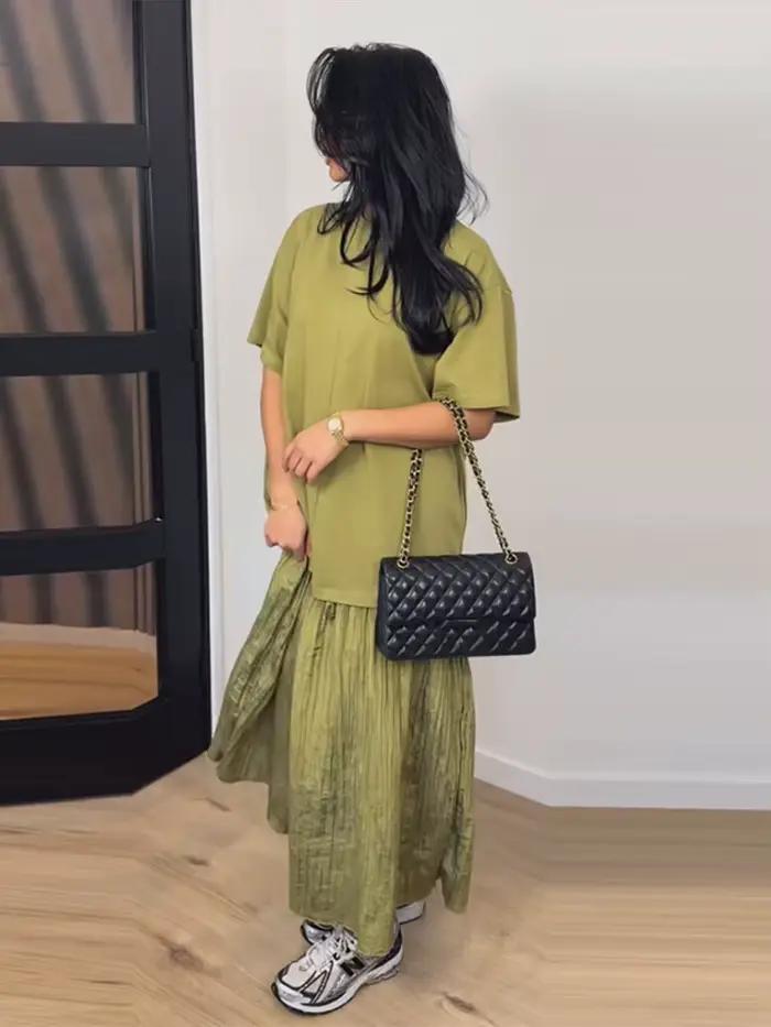 Robe longue oversize à manches courtes et patchwork pour femme