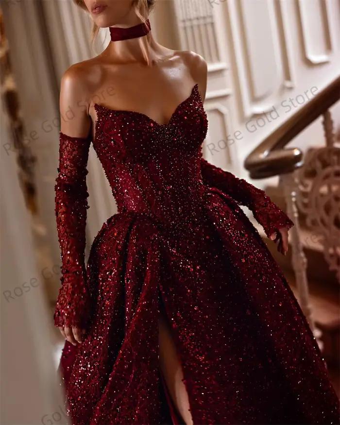 Robe de soirée à paillettes exquise avec perles rouges vin, décolleté Mon Amour, tulle pailleté, train de balayage, soutien-gorge intégré pour femmes toutes tailles occasions spéciales
