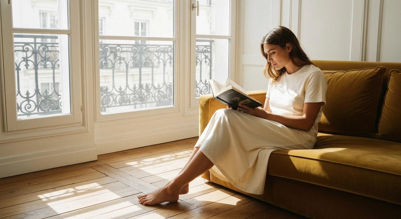 Robe casual coton creme, lecture en pleine lumiere