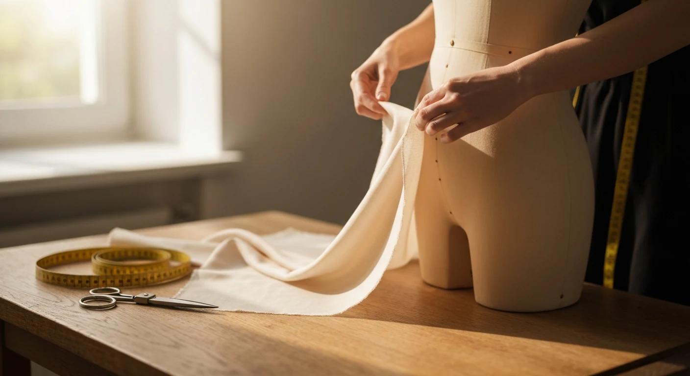 Geste d'atelier — la main drape la soie sur le mannequin