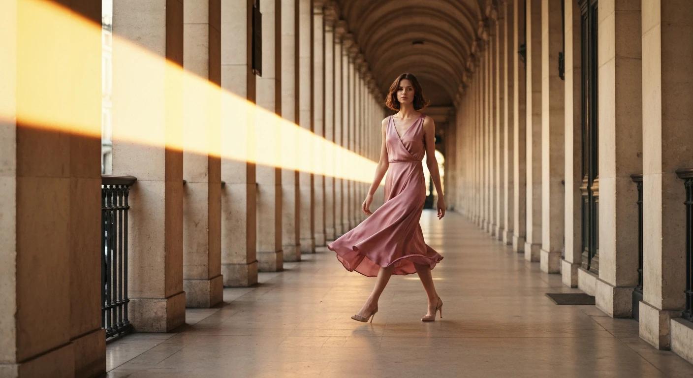 Robe midi en soie poudre, geste editorial sous l'arcade haussmannienne