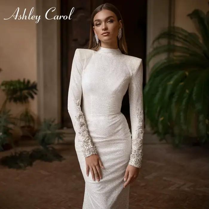 Ashley Carol-Robe de mariée sirène sexy et élégante, col haut, perles de cristal brillantes, manches
