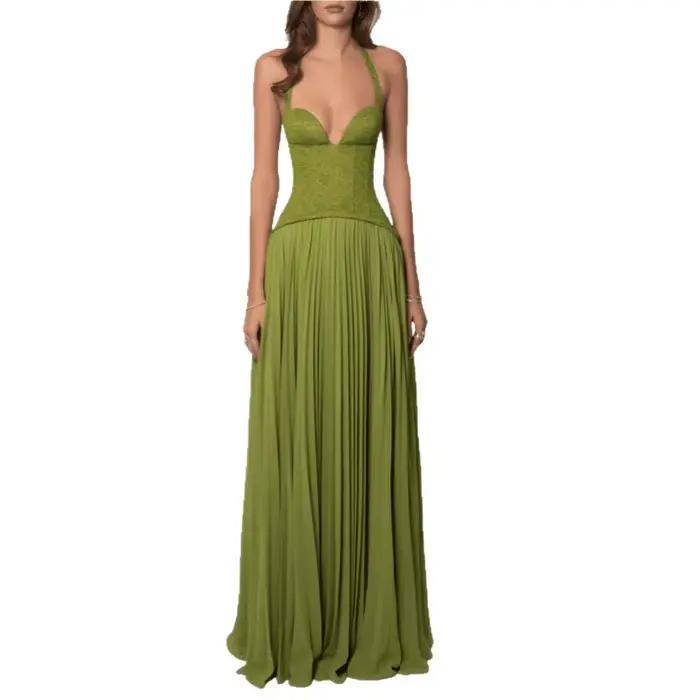 Robe de soirée sexy pour femme, style corset floral à licou, en mousseline plissée, longue et fluide
