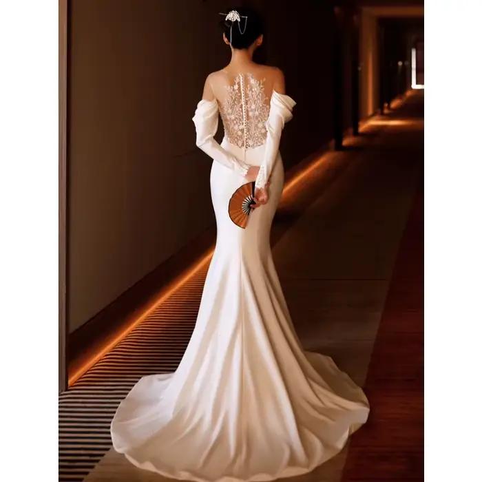 Robes de mariée queue de poisson amincissantes, manches longues, blanc, minimaliste français, mariée