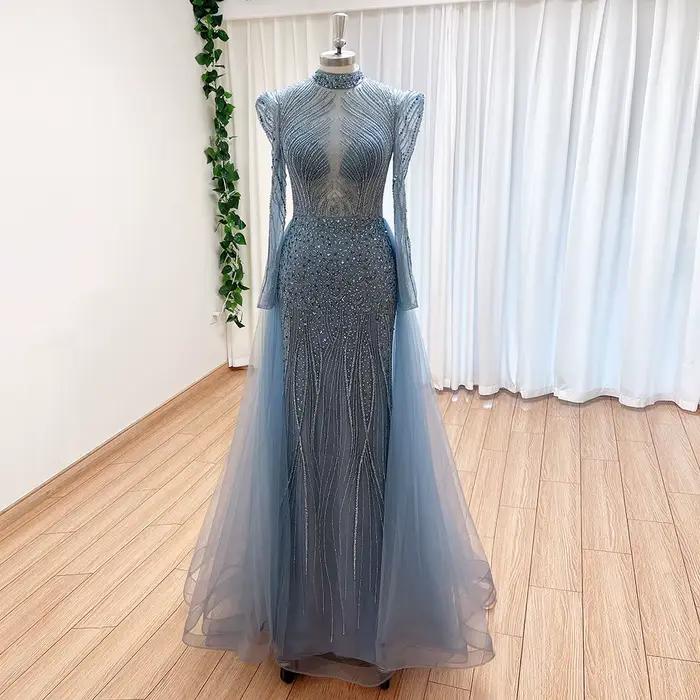 Robe de Soirée Musulmane Élégante pour Femme 2026 – Luxe Dubaï, Col Montant, Manches Longues, Perles