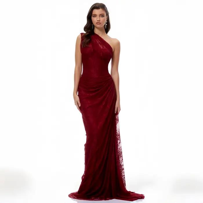 Robe de soirée sirène bordeaux asymétrique en dentelle, longue jusqu'au sol, élégante pour invitée d