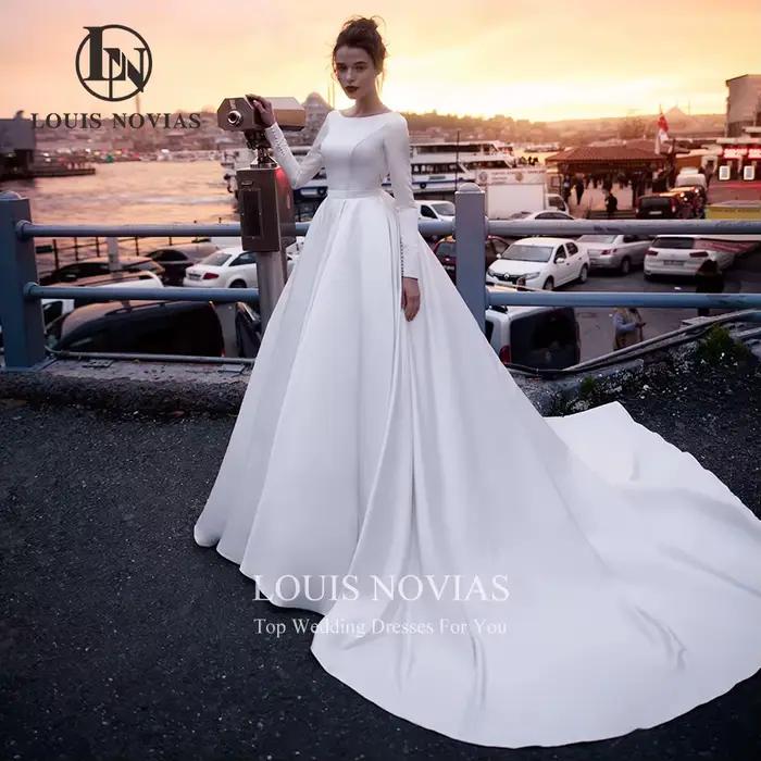 Modiis-Robe de Mariée en Satin pour Femme, Élégante, Simple, Encolure en V, Manches sulf, Sexy, Lign