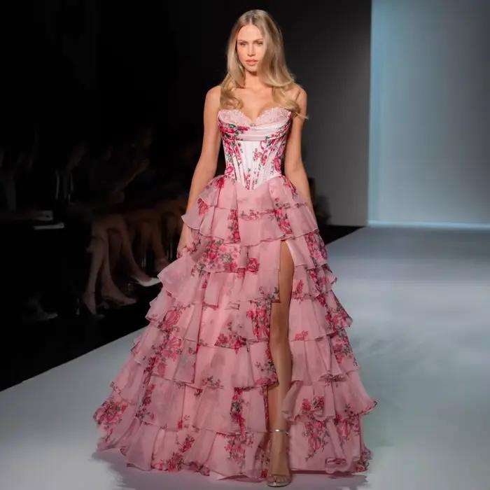 Robes de bal florales à volants pour femmes 2026, corsets sans bretelles, longues, à volants, robes