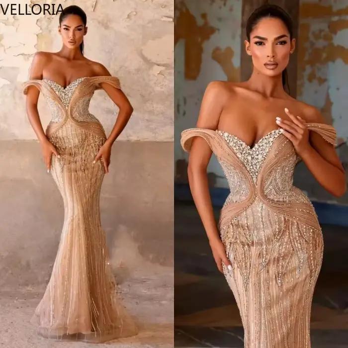 Robe sirène Champagne élégante, épaules dénudées, robe de soirée perlée, longue traîne, réception de
