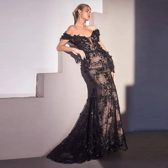 Robe de soirée élégante en dentelle pour femmes, épaules dénudées, traîne de balayage, longueur au s