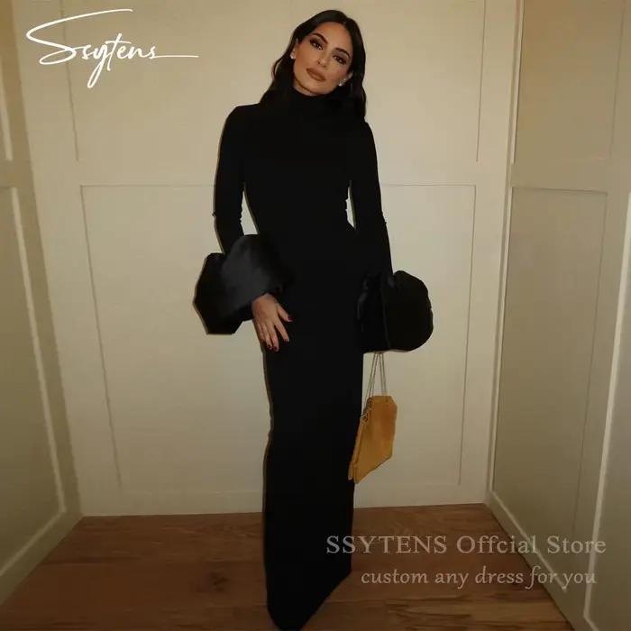 SSYTENS – robes de soirée personnalisées pour femmes, robes de bal noires, col haut, manches longues