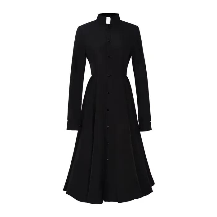Robe noire élégante pour femme, style clergé médiéval, coupe trapèze mi-longue, manches longues, rét