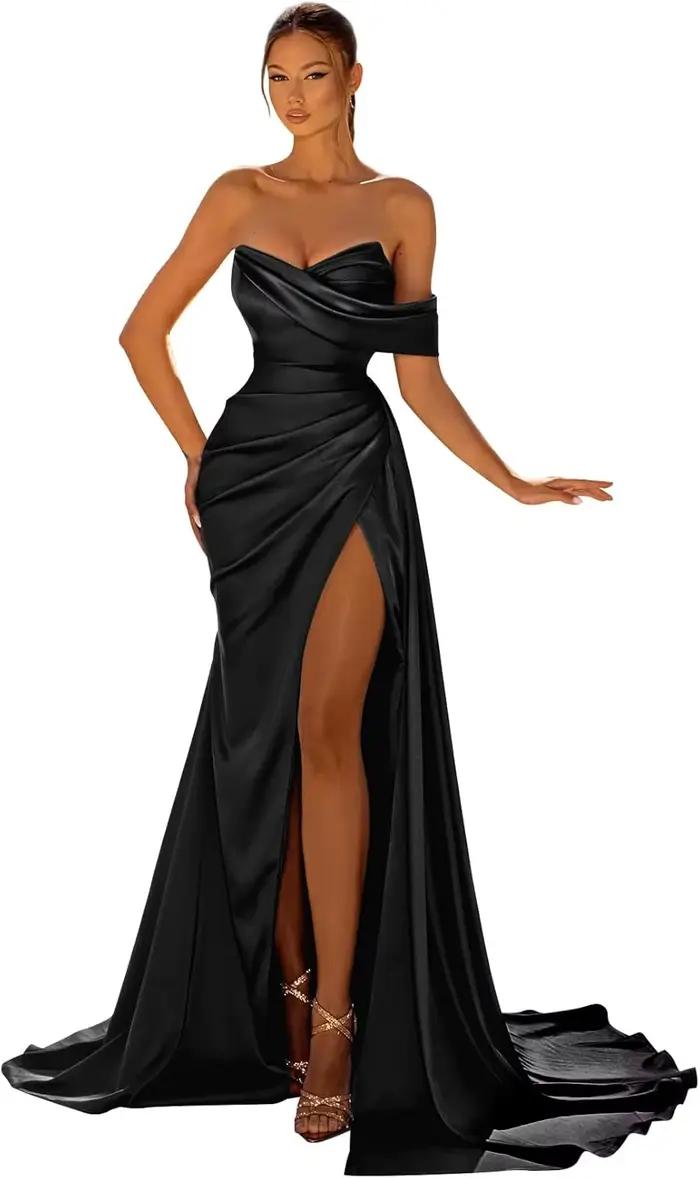 Robes de demoiselle d'honneur simples en satin pour femmes avec fente, à une épaule, longues, style