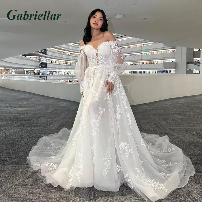 Gabriellar glamour chérie robes De mariée avec manches lanterne a-ligne chapelle Train Brudekjole De