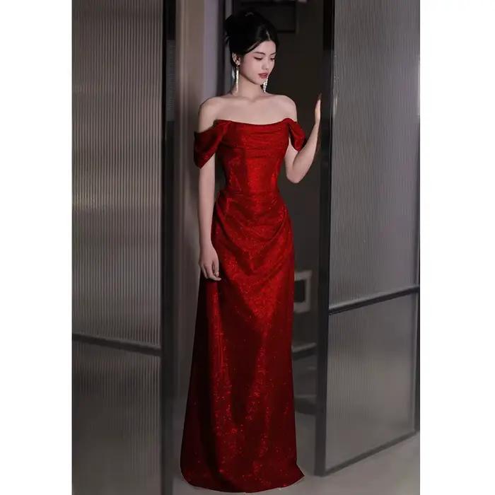 Robe de soirée de forme sirène, épaules dénudées, argentée/rouge, élégante, pour fête de mariage, Ba