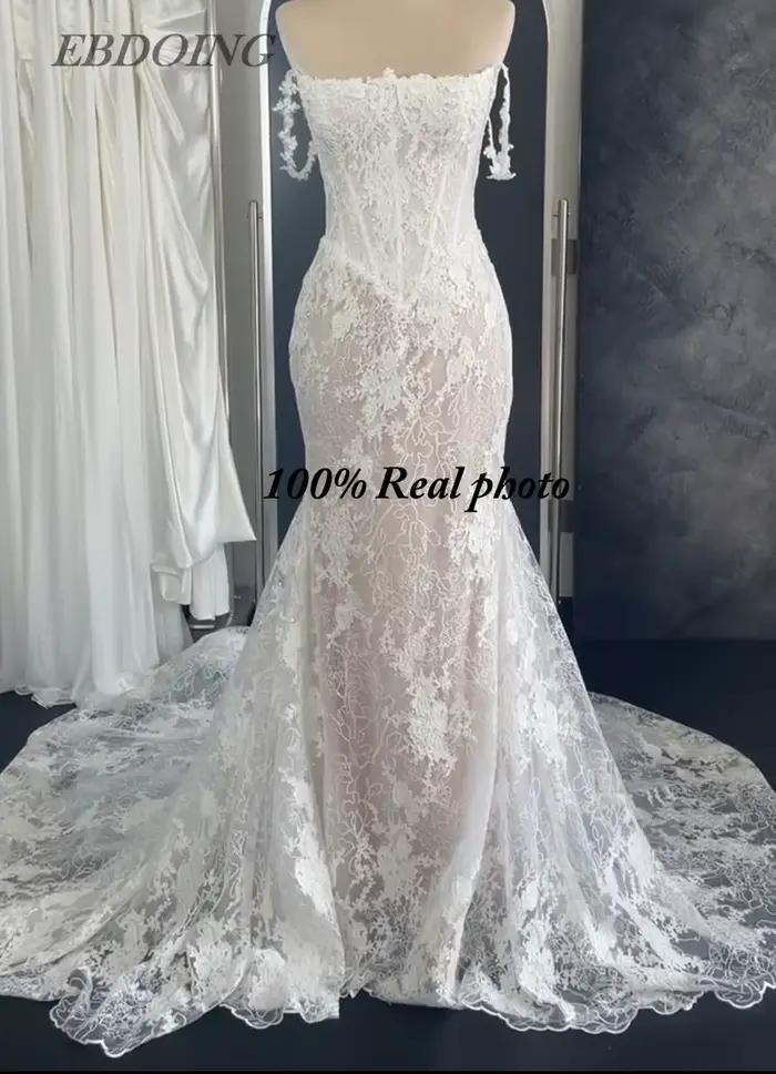 EBDOING robe de mariée sirène dentelle col bateau décolleté classique Basque avec perles robe de mar