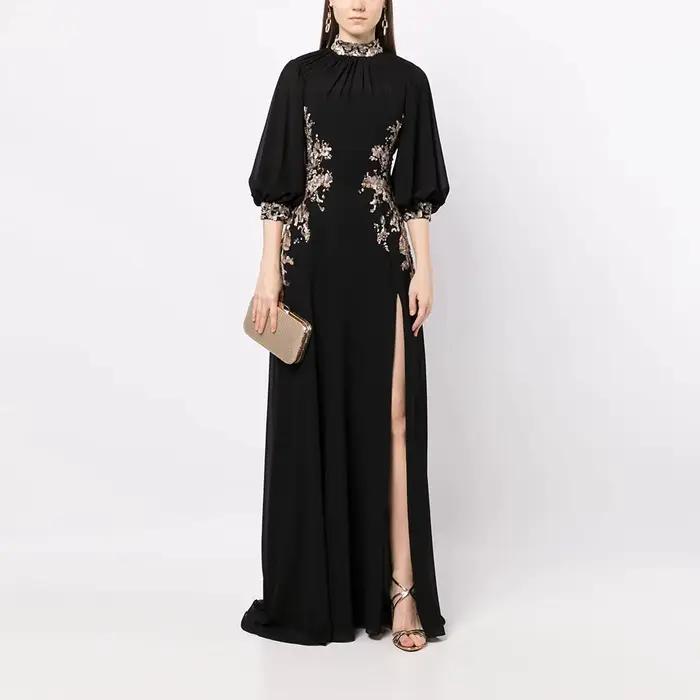 Robe de soirée pour femme de style moderne, noire, coupe trapèze, longueur ras du sol, robe de soiré