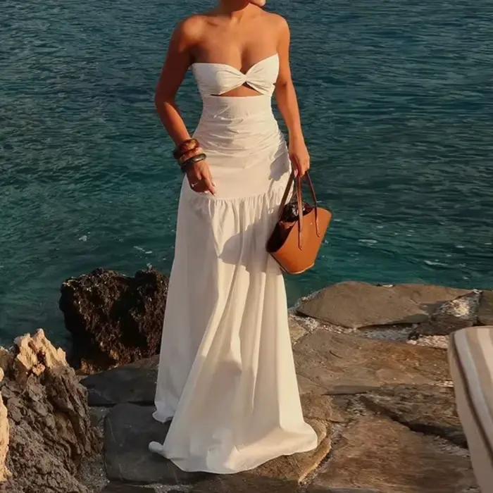 Robe longue sans bretelles pour femmes, tenue de plage, creuse, couleur unie, moulante, Maxi, taille