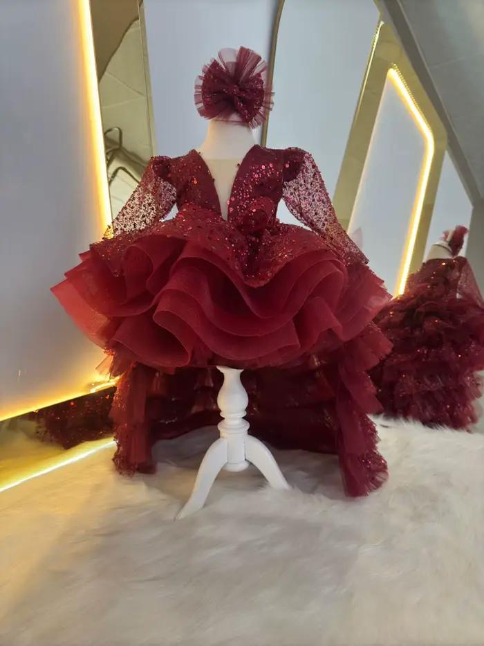 Robe de princesse d'anniversaire à paillettes bordeaux moelleuse, robe de soirée en Tulle avec nœud