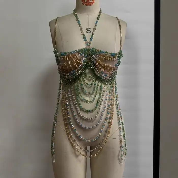 Robe de vacances 2025 nouvelles femmes Sexy à la main Multi perle chaîne de corps mode Bikini soutie