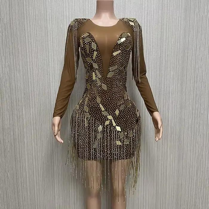 Robe de soirée à pampilles à paillettes, robe de club à manches longues, mode d'été