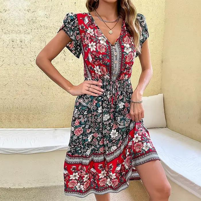 Robe mi-longue à imprimé floral vert pour femme, robes élégantes à manches courtes pétale, fête, vac