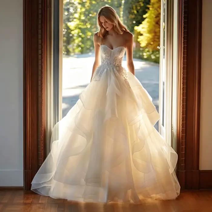 Robe de mariée romantique personnalisée pour l'extérieur, avec corsage bustier en forme de cœur reco