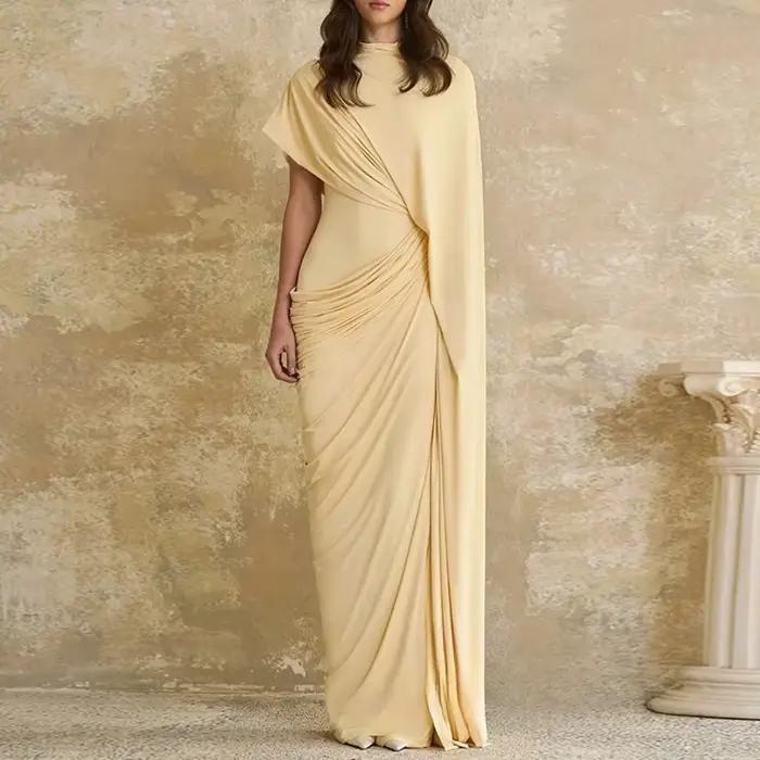 Robe de soirée moderne, personnalisée, col rond, avec Cape plissée, gaine froncée, robe de bal arabe