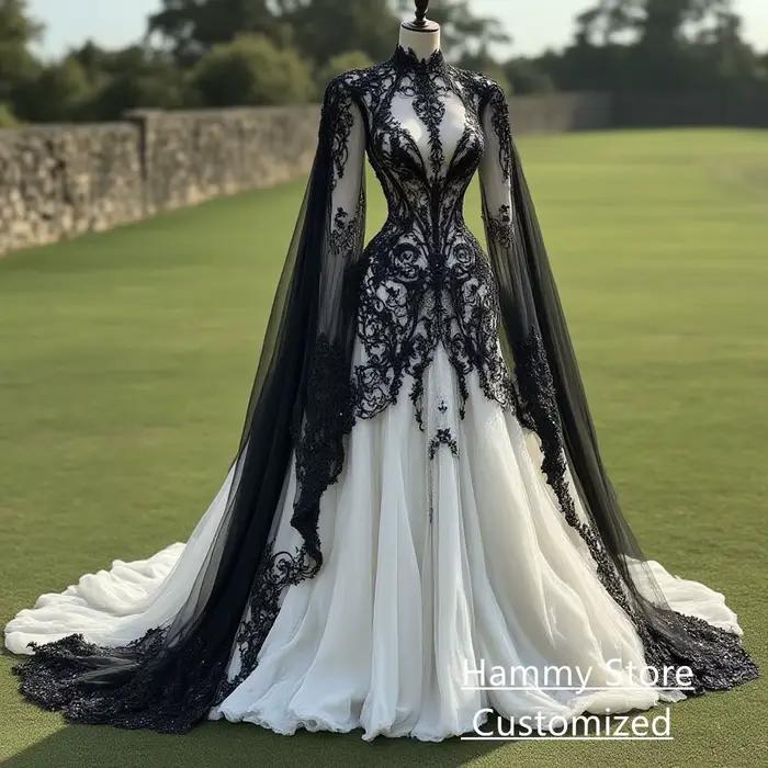 Robe De mariée gothique en dentelle noire, avec des appliques personnalisées, col haut, manches long