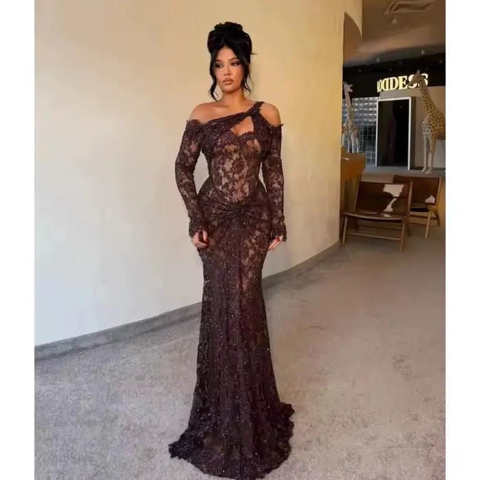 Robes de soirée noires glamour pour femmes, en dentelle, à manches longues, robes de bal, robes de c