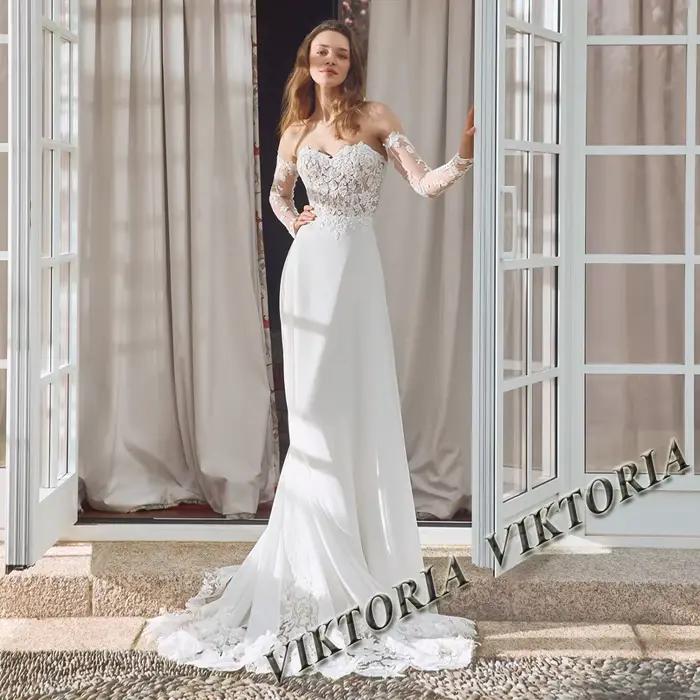 VIKTORIA-Robe en mousseline de soie pour femme, appliques chérie, train de balayage, bouton personna