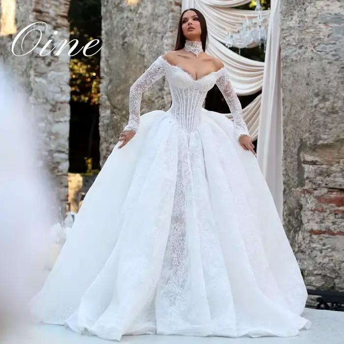 Robes de mariée de luxe Oine en dentelle plissée, exquises, à manches longues, style bustier corset,