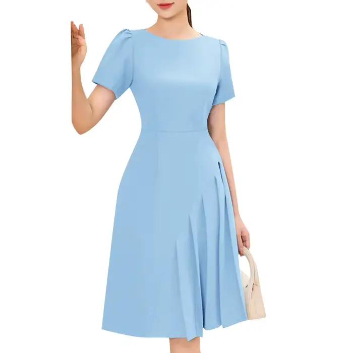 ZANZEA 2025 Femme mode robe plissée été à manches courtes col rond taille ajustée genou longueur Rob
