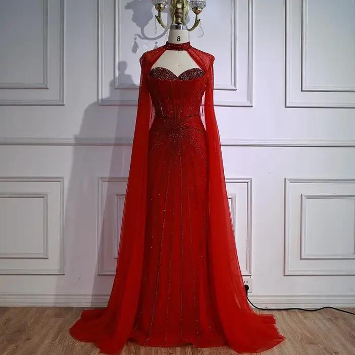 Robe de soirée sirène nue de luxe, robe perlée avec manches Cape, tenue de soirée élégante et formel