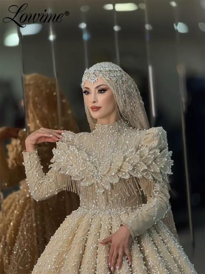 Robe de soirée musulmane champagne à manches longues, robes de célébrités de luxe avec jupons, robes