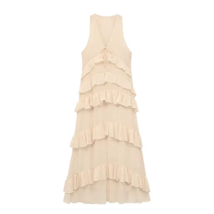 Robe midi élégante beige pour femme, nouvelle collection printemps-été, robe chic en mousseline sans