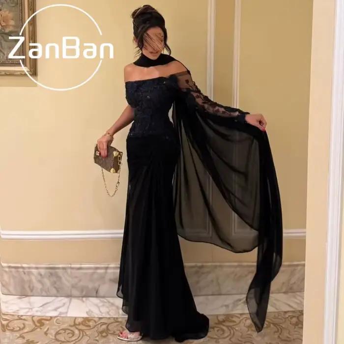 Robes de soirée de luxe en mousseline noire ZanBan, personnalisées, à épaules dénudées, avec appliqu