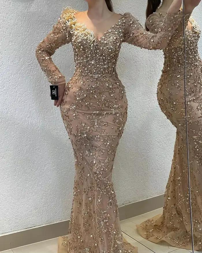 Vinca Sunny Champagne paillettes sirène robes De bal manches longues robes De soirée perles Cocktail