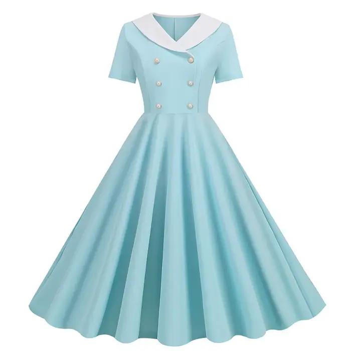 Robe de soirée rétro Vintage des années 50 et 60, avec ceinture, imprimé à pois, manches courtes, He