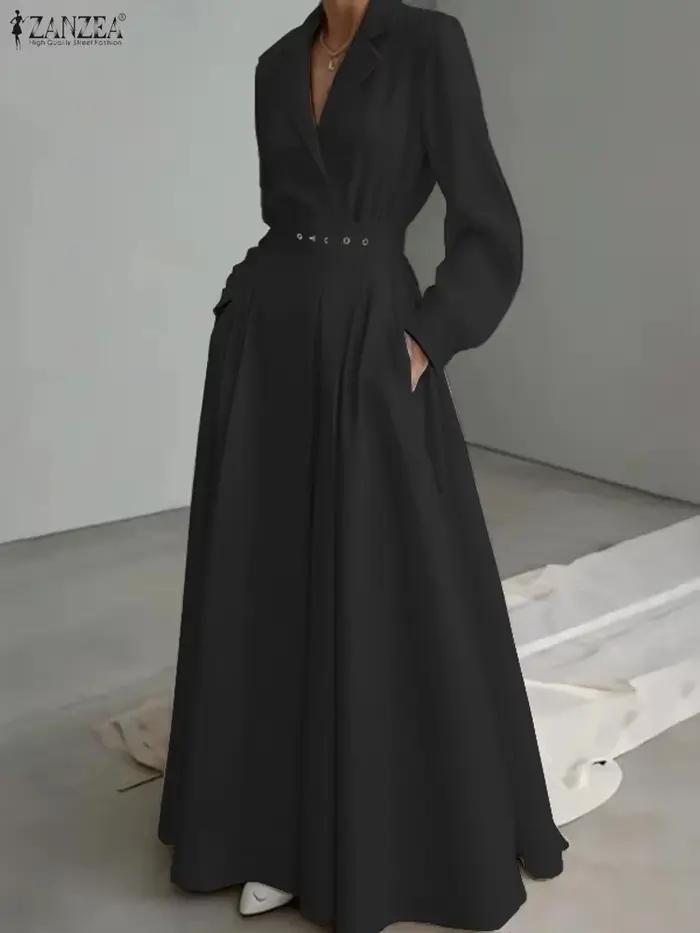 Femmes automne OL Robe de travail ZANZEA 2025 élégant revers à manches longues robes de bureau solid
