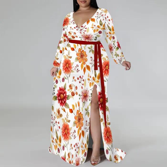 Robe grande taille pour femmes courbées, col en V, manches longues, robe Maxi fendue, robe d'invité