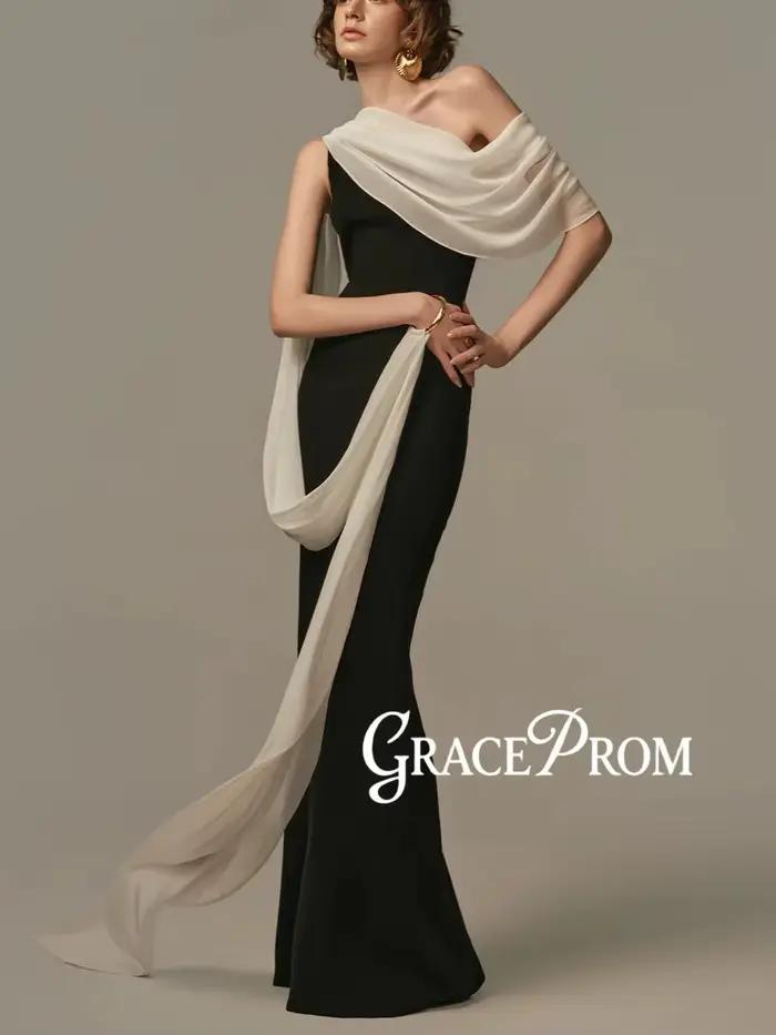 Robe de soirée élégante bicolore, simple, asymétrique à une épaule, drapée, avec ceinture fluide, ro