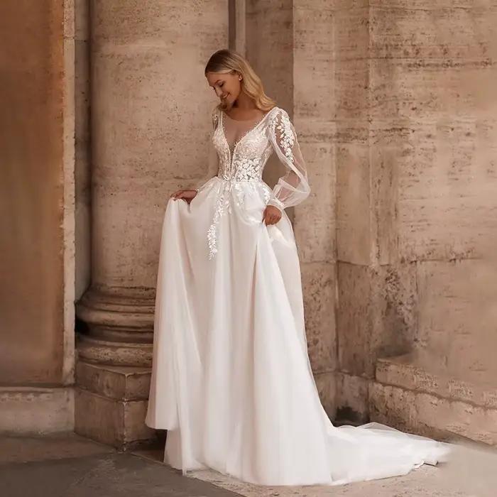 Robes De mariée De luxe à manches bouffantes personnalisées, col en v, ligne a, avec applications en