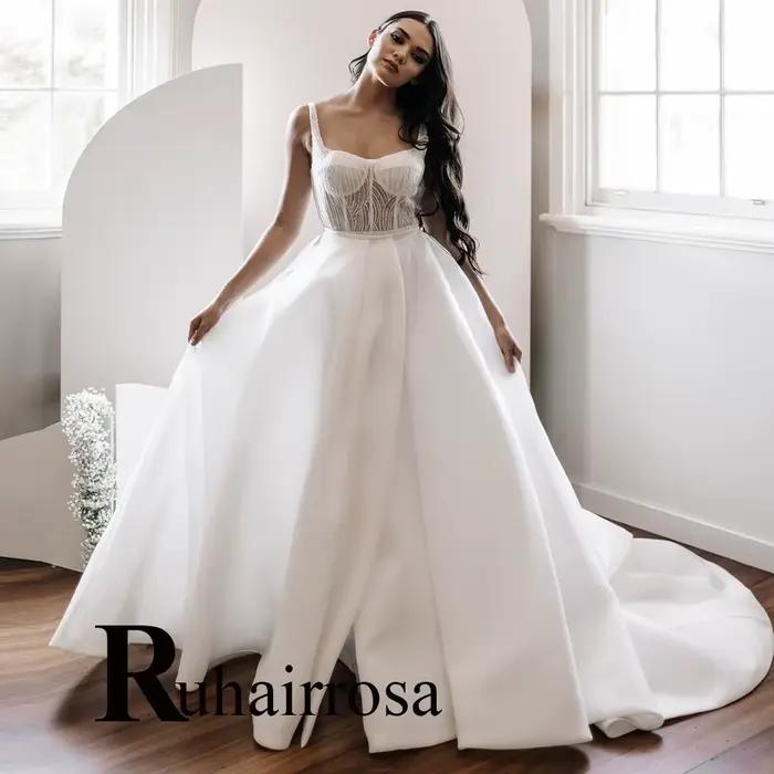 Ruhair robes De mariée modernes pour Mariages Appliques dos nu bretelles Spaghetti col carré robe De