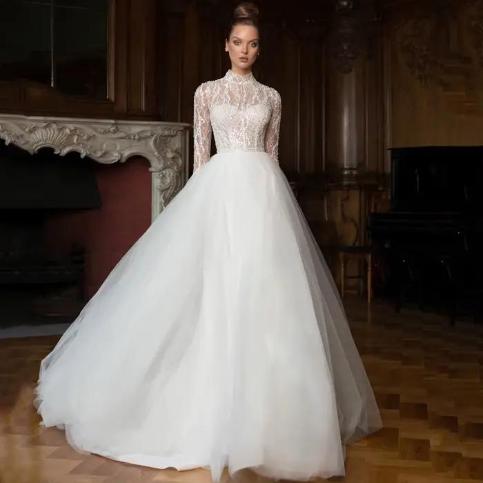Robe de mariée en dentelle perlée exquise, col haut, ligne A, tulle, longueur au sol, mariée, manche