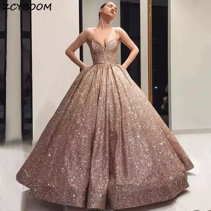 Champane – robe De soirée trapèze, col en v, élégante, paillettes brillantes, robes De bal De remise