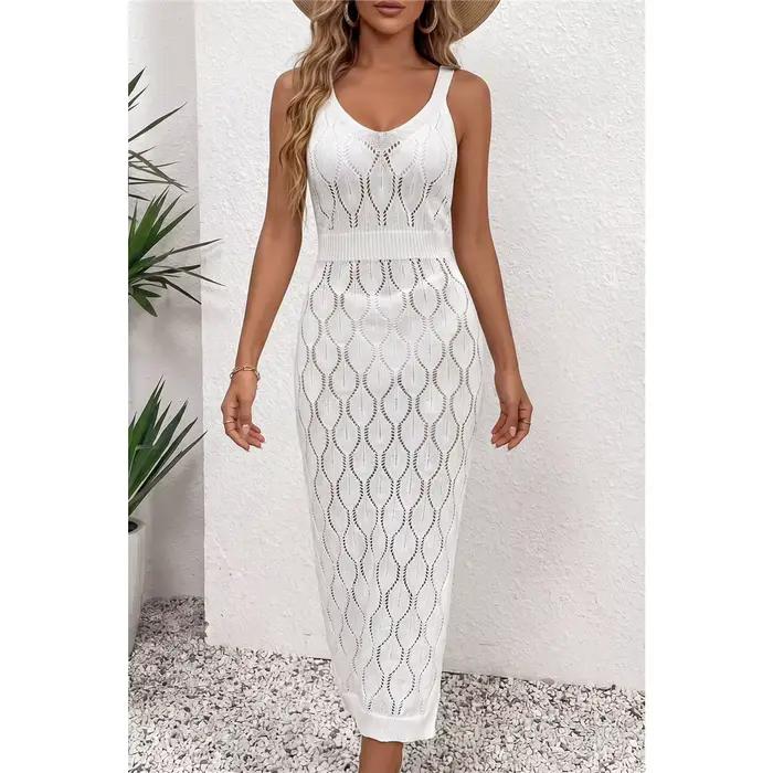 Robe de plage cache-maillot pour femme, unie, sans manches, ajourée, en crochet tricoté, tunique de